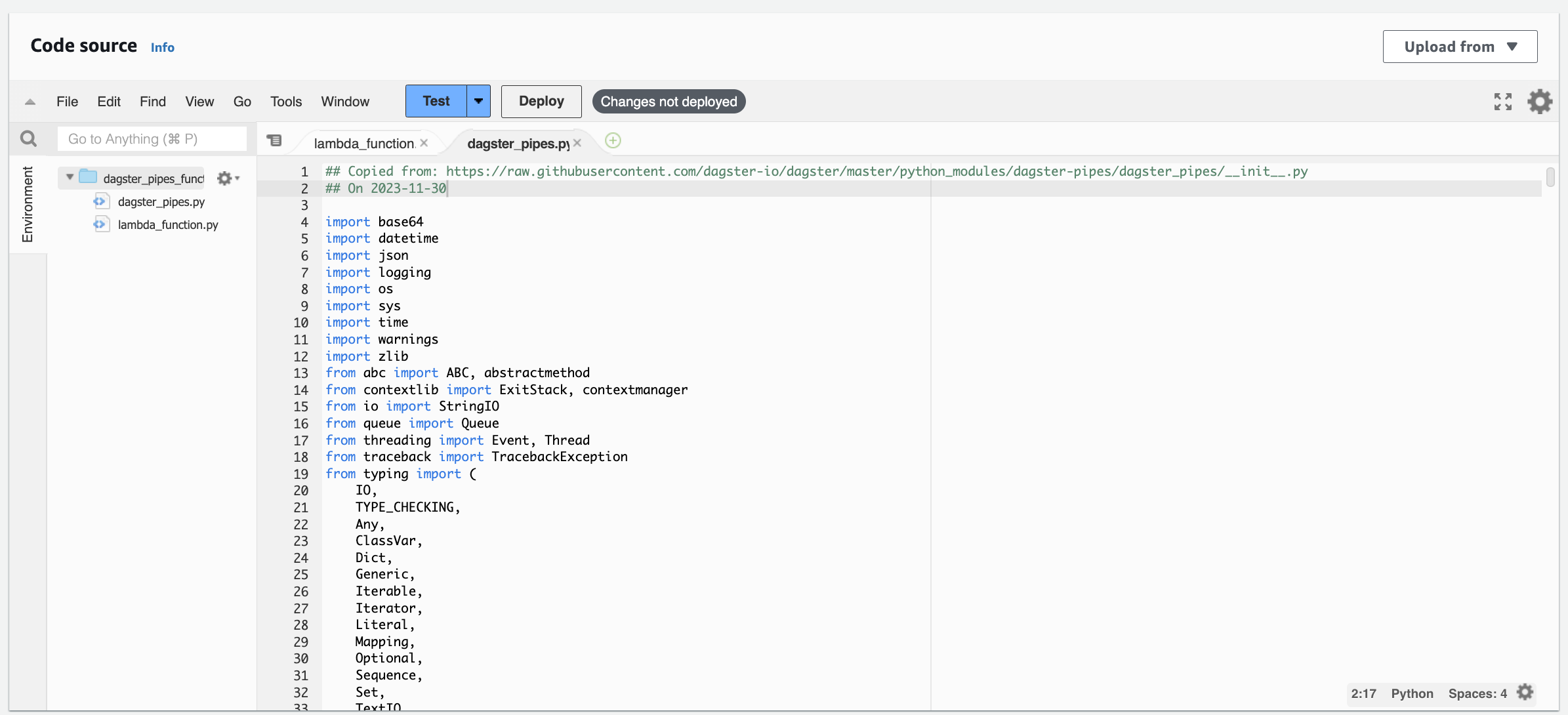 The copied contents of the Dagster Pipes file into a file in the AWS UI